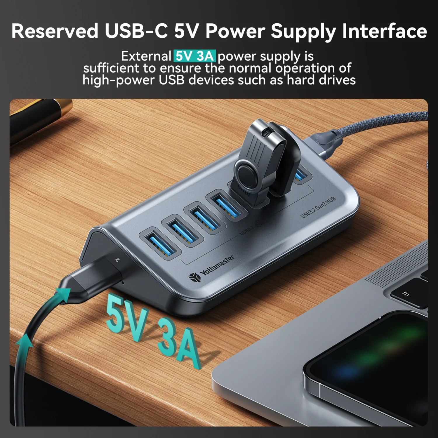 Yottamaster USB-C 3.2 4-to-7 Port Hub – 10Gbps Data Hub for Laptops & External Drives - Image 3